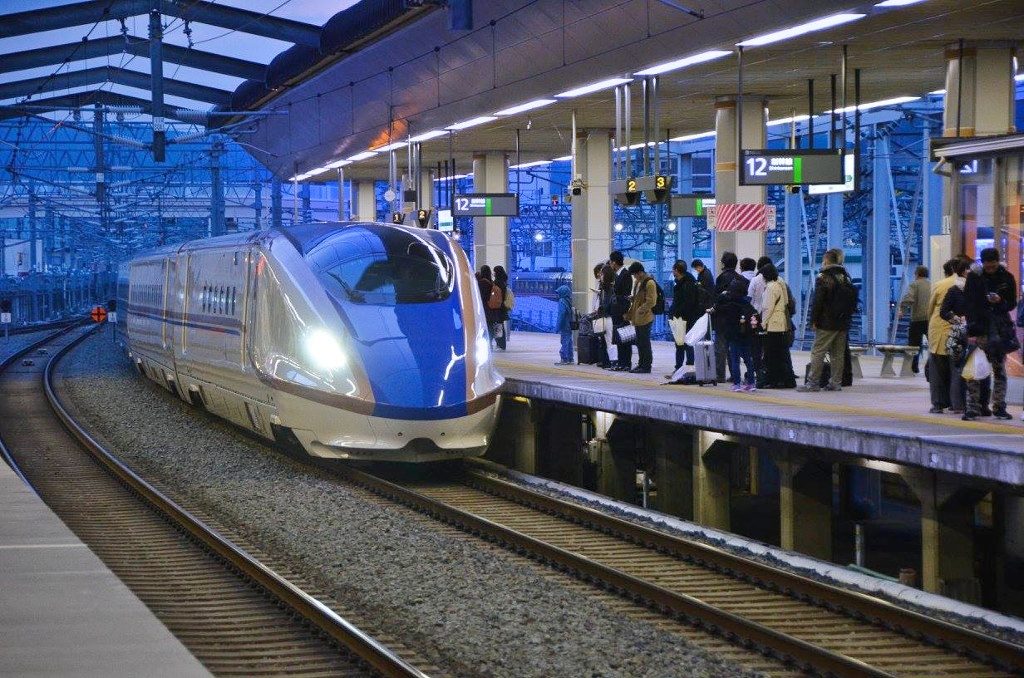 Train arriving at a station in Japan